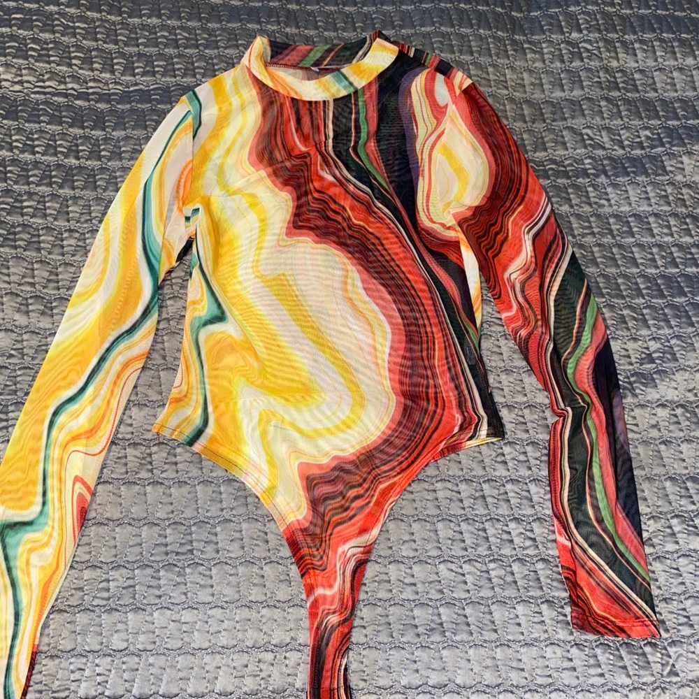 abstract print, mesh, rainbow long sleeve bodysuit